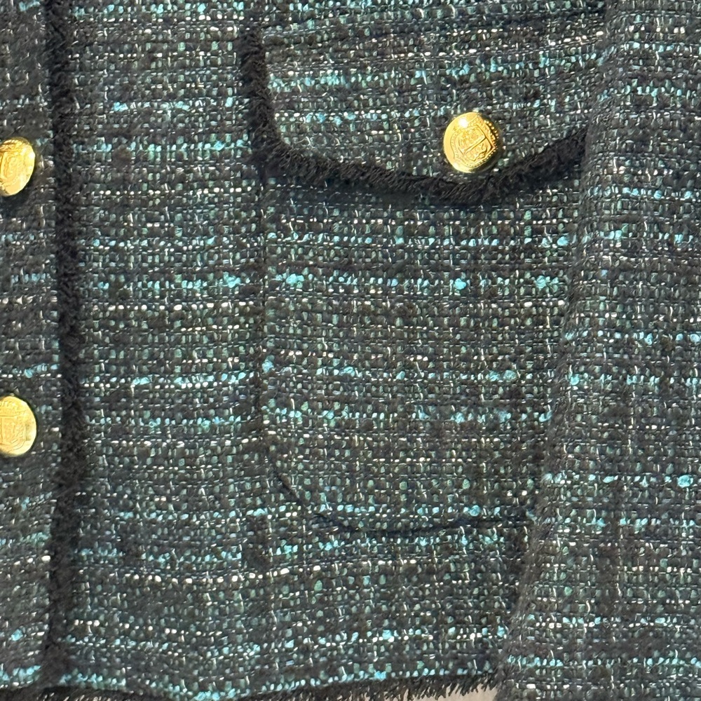 Talbots Black and Green Tweed Blazer Fringed Edges Women Size 14 Classy Loom - Picture 2 of 11